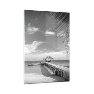 Quadro su vetro - Spiaggia bianca e nera con molo e palme su una costa tropicale - 80x120cm - Un ricordo o un sogno? - Decorazione murale moderna per soggiorno e camera da letto ARTTOR