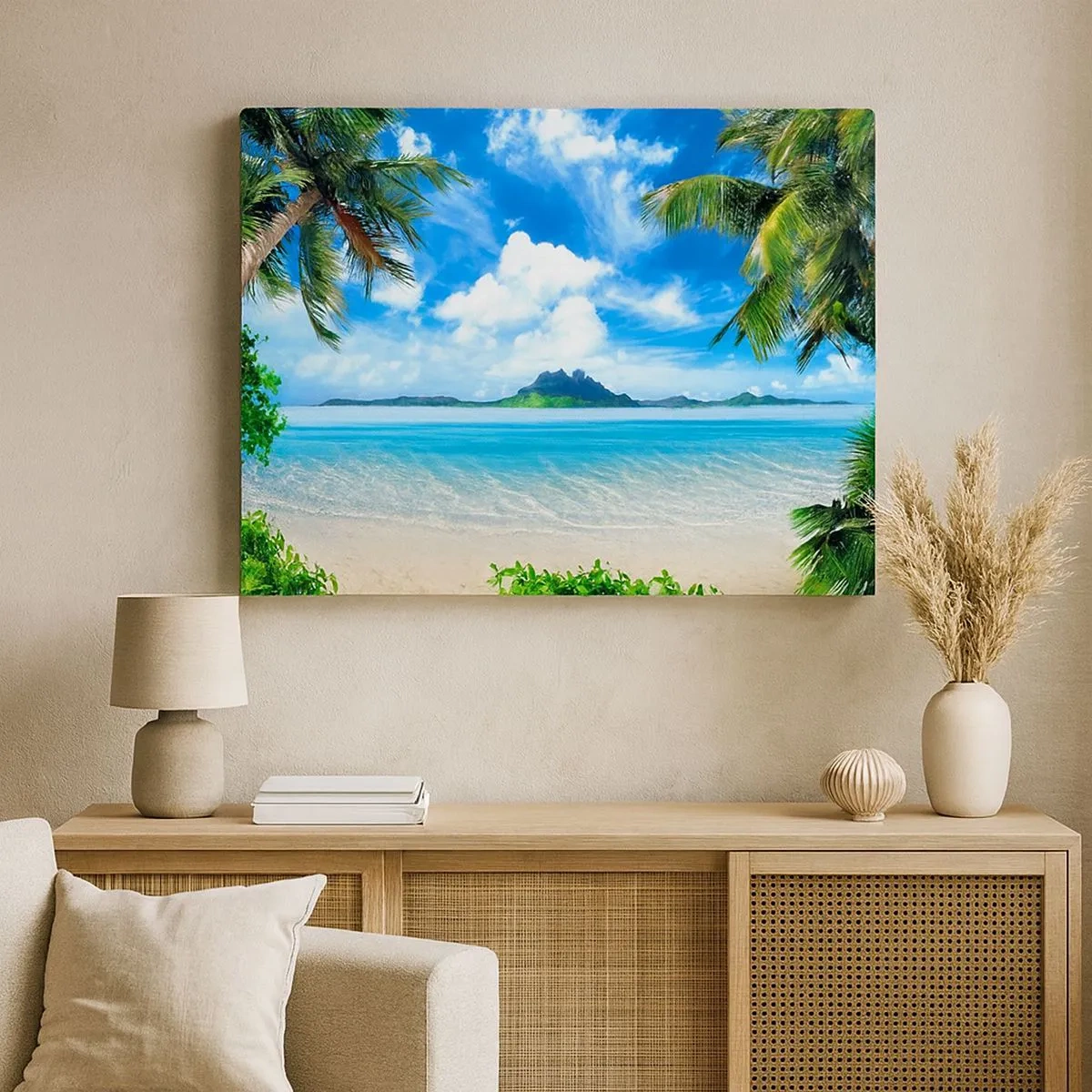Quadro su tela - Stampe su Tela - Spiaggia tropicale con palme e vista sull'isola - 70x50cm - L'azzurro dei tropici - Decorazione murale moderna per soggiorno e camera da letto ARTTOR
