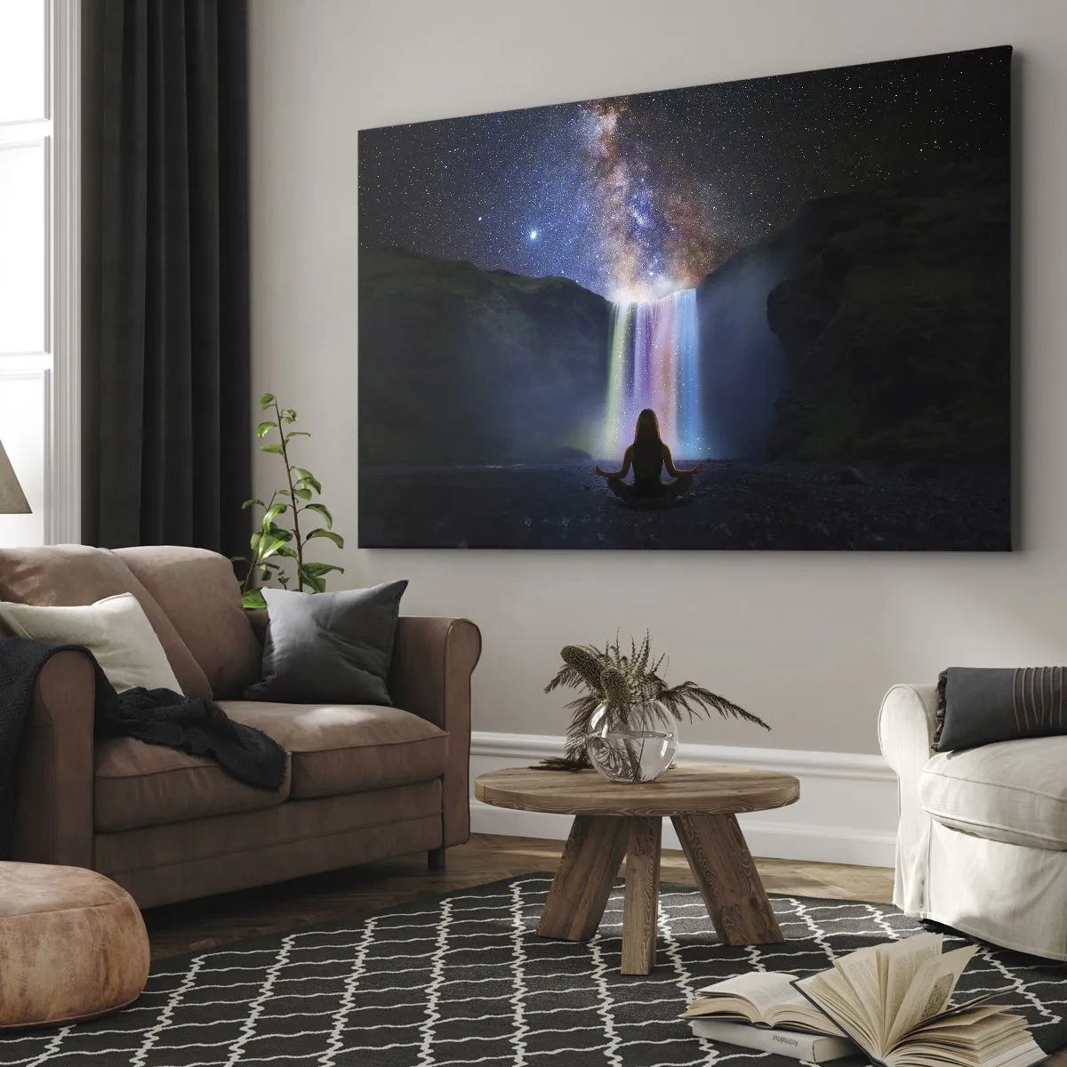 Quadro su tela - Stampe su Tela - Meditazione davanti a una cascata tra le stelle - 70x50cm - Armonia assoluta - Decorazione murale moderna per soggiorno e camera da letto ARTTOR