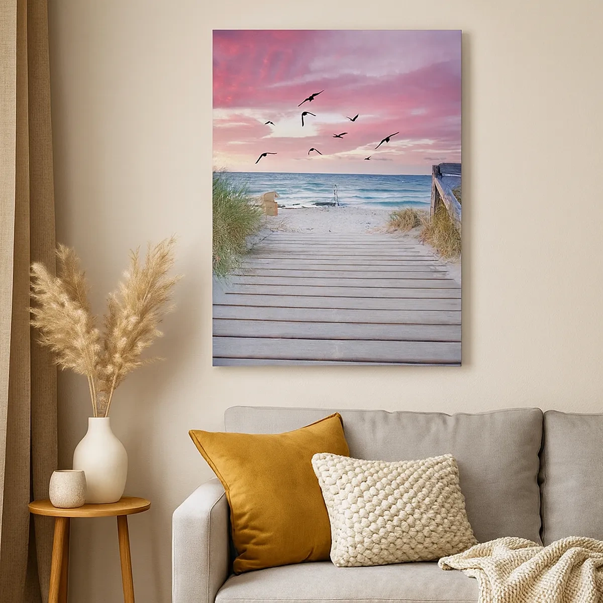 Quadro su tela - Stampe su Tela - Sentiero in legno sulla spiaggia al tramonto rosa - 50x70cm - Impressioni baltiche - Decorazione murale moderna per soggiorno e camera da letto ARTTOR