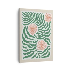 Quadro su tela - Stampe su Tela - Un motivo minimalista di foglie verdi con fiori nelle tonalità dell'arancione. - 70x100cm - Fioritura nel verde - Decorazione murale moderna per soggiorno e camera da letto ARTTOR