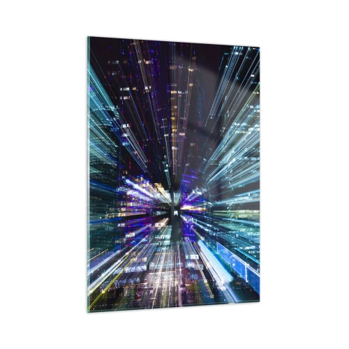 Quadro su vetro - Linee di luce dinamiche sullo sfondo di una città notturna - 50x70cm - Passaggio nell'iperspazio - Decorazione murale moderna per soggiorno e camera da letto ARTTOR