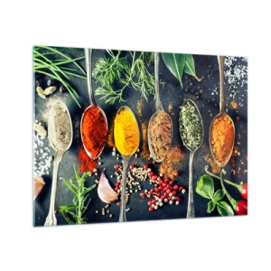 Quadro su vetro - Spezie colorate in cucchiai circondati da erbe e verdure fresche - 70x50cm - Magie gastronomiche - Decorazione murale moderna per soggiorno e camera da letto ARTTOR