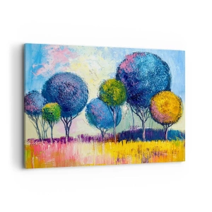 Quadro su tela - Stampe su Tela - Alberi colorati a forma di palla sullo sfondo di un paesaggio - 100x70cm - Sfera: forma ideale - Decorazione murale moderna per soggiorno e camera da letto ARTTOR