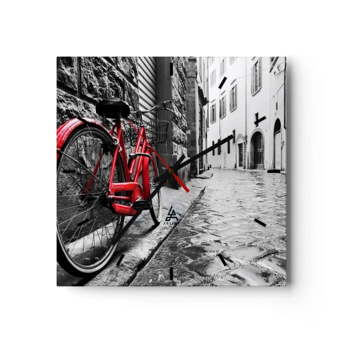 Orologio da parete - Orologio in Vetro - Bicicletta rossa in una strada bianca e nera - 30x30cm - La vera bellezza non invecchia - Decorazione murale moderna per soggiorno e camera da letto ARTTOR