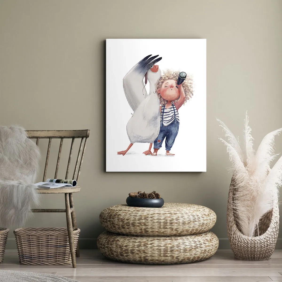 Quadro su tela - Stampe su Tela - Illustrazione di un bambino con un pellicano e un telescopio in mano - 50x70cm - Il progetto di un grande viaggio - Decorazione murale moderna per soggiorno e camera da letto ARTTOR