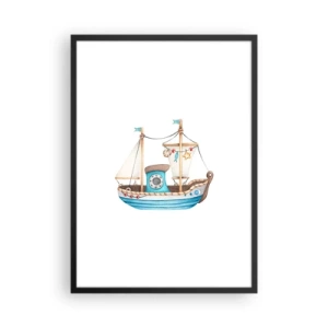Poster in cornice nera - Nave acquerello in tonalità pastello di blu e beige - 50x70cm - Benvenuta avventura! - Decorazione murale moderna per soggiorno e camera da letto ARTTOR
