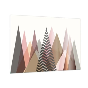 Quadro su vetro - Montagne geometriche pastello con motivo centrale - 100x70cm - Vista piramidale - Decorazione murale moderna per soggiorno e camera da letto ARTTOR