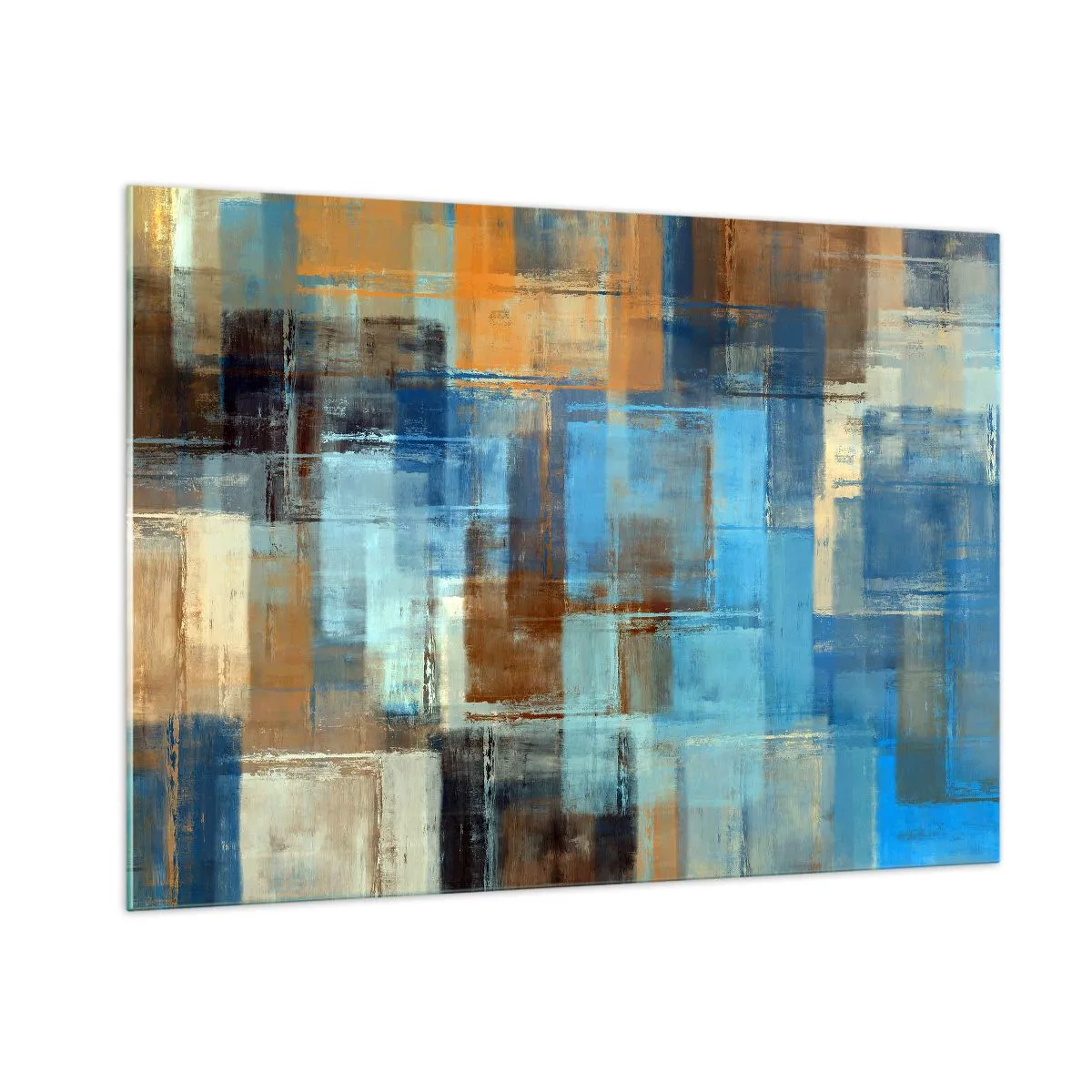 Quadro su vetro - Composizione geometrica astratta nei toni del blu e del marrone - 100x70cm - Attraverso la tenda blu - Decorazione murale moderna per soggiorno e camera da letto ARTTOR