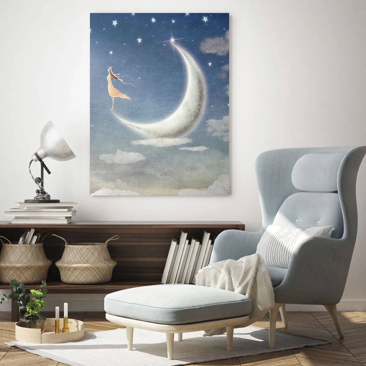 Quadro su vetro - Una donna sulla luna circondata da stelle e nuvole - 80x120cm - Seduttrice celeste - Decorazione murale moderna per soggiorno e camera da letto ARTTOR
