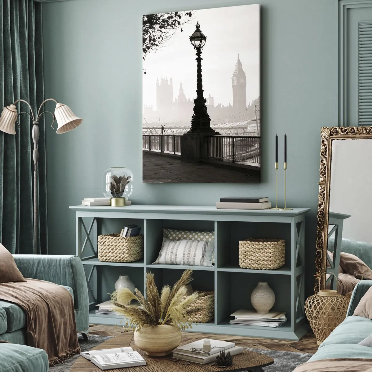 Quadro su tela - Stampe su Tela - Una vista monocromatica del Big Ben e del Tamigi. - 50x70cm - Un mattino a Londra - Decorazione murale moderna per soggiorno e camera da letto ARTTOR