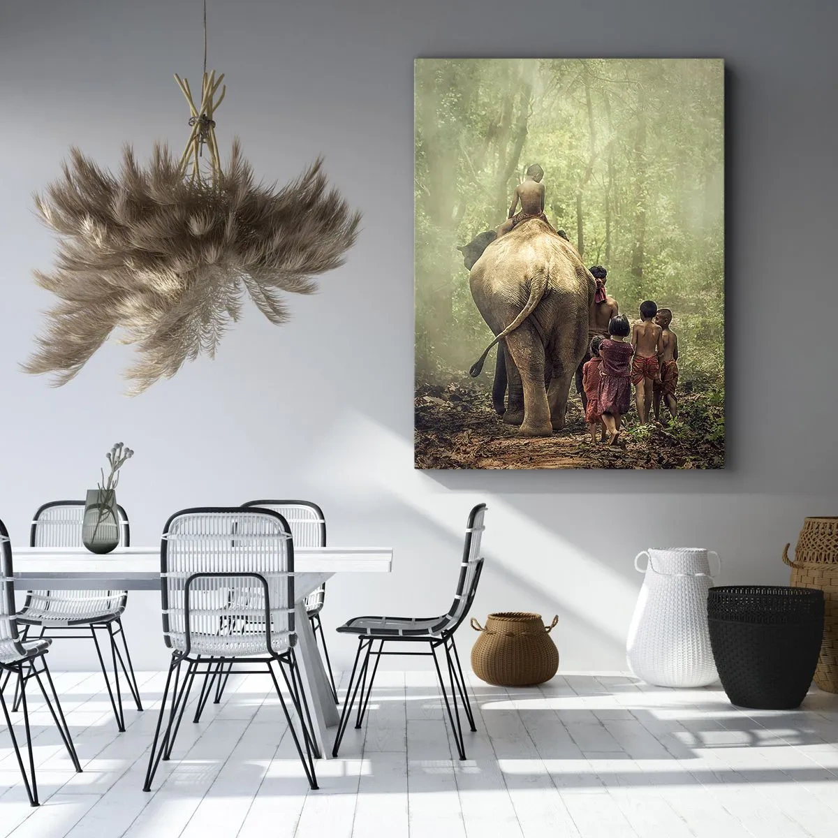 Quadro su tela - Stampe su Tela - Bambini con un elefante in una foresta verde alla luce del mattino - 50x70cm - Il nuovo Libro della Giungla - Decorazione murale moderna per soggiorno e camera da letto ARTTOR