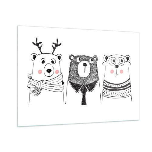 Quadro su vetro - Tre orsi divertenti in un'illustrazione in bianco e nero - 100x70cm - Orso, orsetto e orsino - Decorazione murale moderna per soggiorno e camera da letto ARTTOR