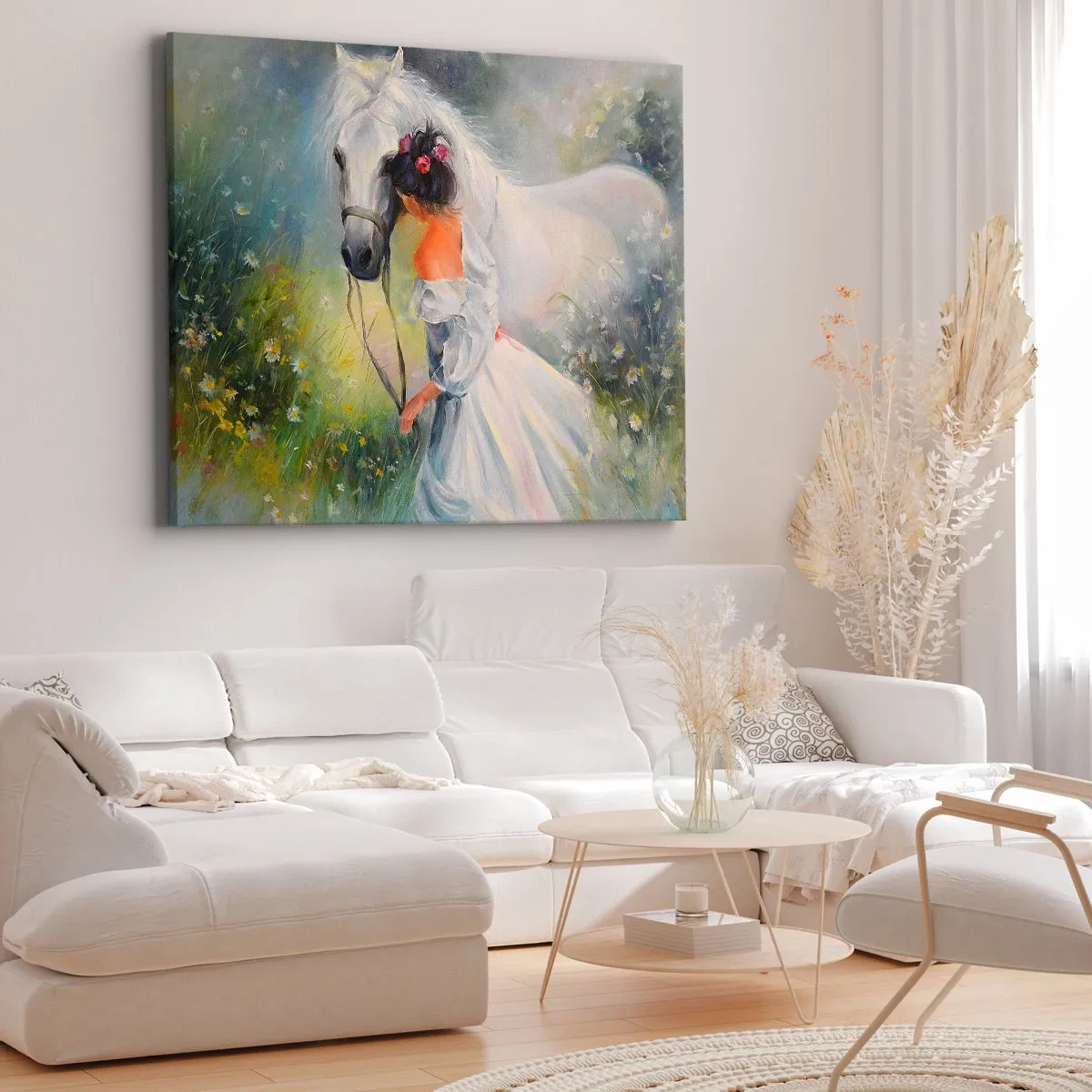 Quadro su tela - Stampe su Tela - Una donna con un cavallo bianco in un ambiente pittoresco - 120x80cm - Come in un bel sogno - Decorazione murale moderna per soggiorno e camera da letto ARTTOR