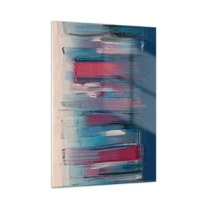 Quadro su vetro - Pennellate verticali in rosso e blu su sfondo beige - 50x70cm - Composizione verticale in blu e rosso - Decorazione murale moderna per soggiorno e camera da letto ARTTOR