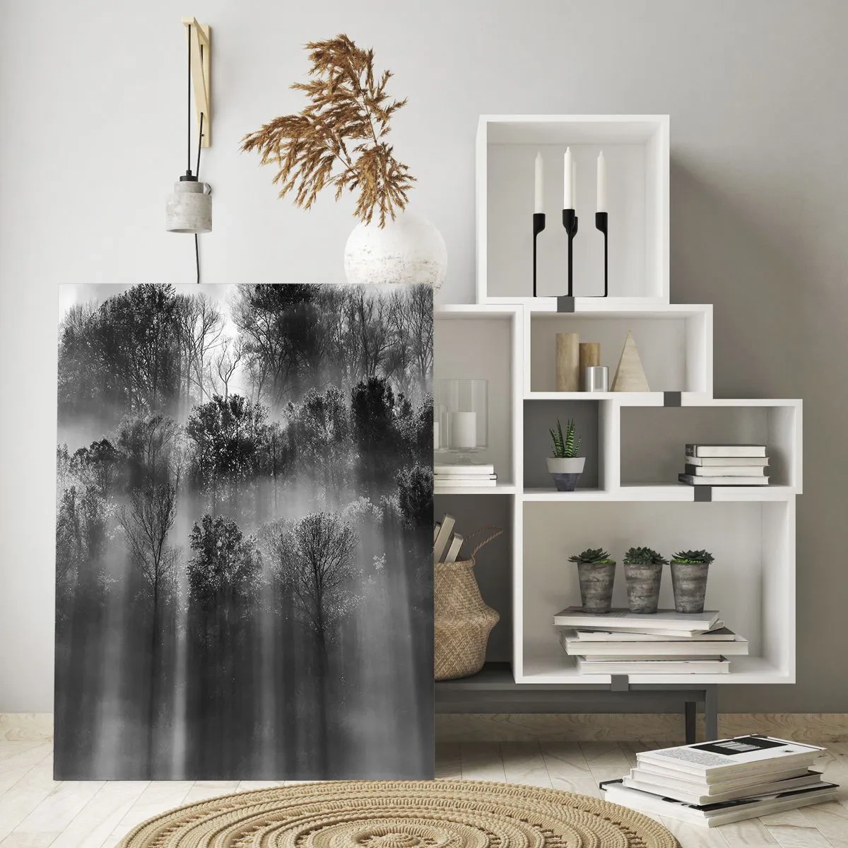 Quadro su vetro - Raggi di luce bianchi e neri che penetrano nella foresta - 50x70cm - Nei getti di luce - Decorazione murale moderna per soggiorno e camera da letto ARTTOR