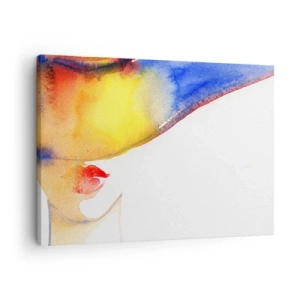 Quadro su tela - Stampe su Tela - Un dipinto ad acquerello minimalista raffigurante il profilo di una donna con un cappello colorato. - 70x50cm - Ritratto di donna - Decorazione murale moderna per soggiorno e camera da letto ARTTOR