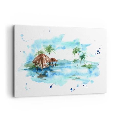 Quadro su tela - Stampe su Tela - Dipinto ad acquerello di un paesaggio tropicale con case e palme - 100x70cm - Da qualche parte nel Pacifico - Decorazione murale moderna per soggiorno e camera da letto ARTTOR