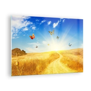 Quadro su vetro - Farfalle che volteggiano su una strada sterrata all'alba - 70x50cm - Come non amare l'estate? - Decorazione murale moderna per soggiorno e camera da letto ARTTOR
