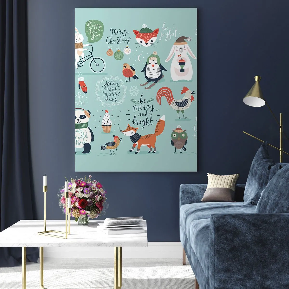 Quadro su vetro - Illustrazione natalizia di animali in un'atmosfera invernale - 70x100cm - Che sia sempre festa! - Decorazione murale moderna per soggiorno e camera da letto ARTTOR