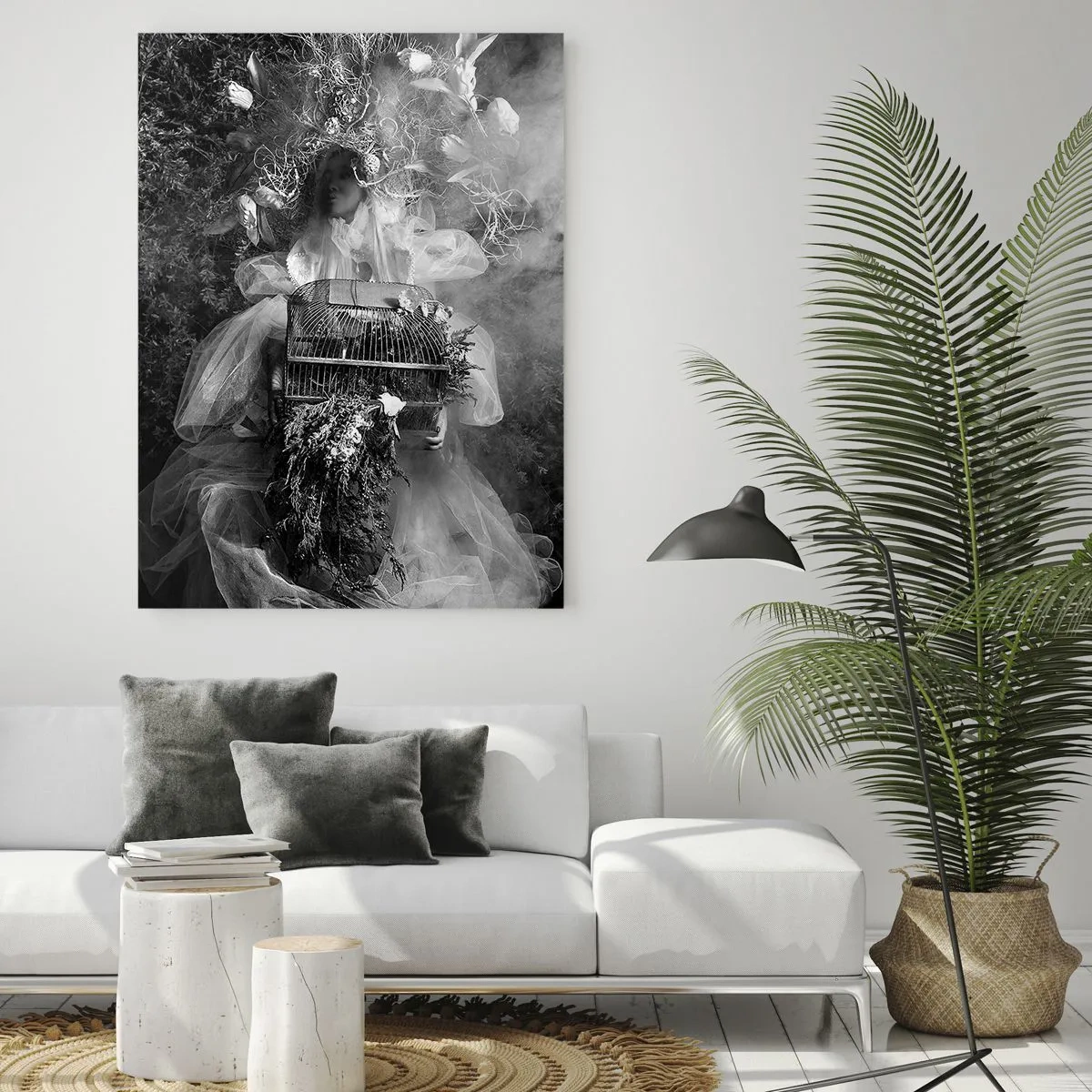 Quadro su vetro - Donna con abito a gabbia di tulle e corona di piante in bianco e nero - 50x70cm - Madre natura stessa - Decorazione murale moderna per soggiorno e camera da letto ARTTOR