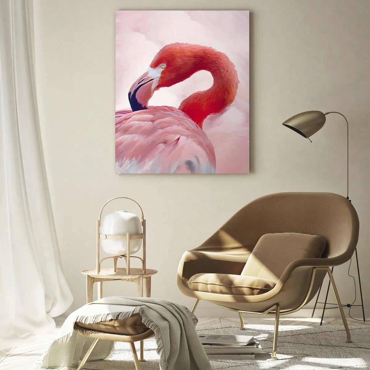 Quadro su vetro - Un fenicottero rosa si gira graziosamente di lato - 50x70cm - Bellezza alata - Decorazione murale moderna per soggiorno e camera da letto ARTTOR