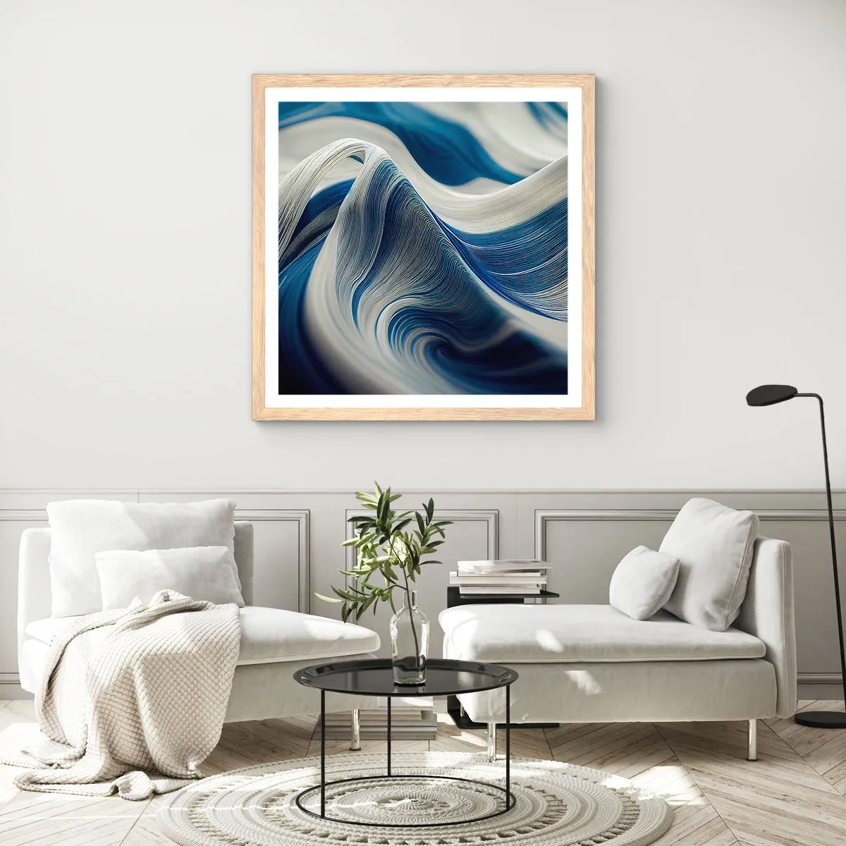 Poster in cornice rovere chiaro - Fluidità di blu e di bianco - 40x40 cm