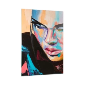 Quadro su vetro - Ritratto di una donna dai colori vivaci su uno sfondo astratto - 50x70cm - Cuore selvatico - Decorazione murale moderna per soggiorno e camera da letto ARTTOR