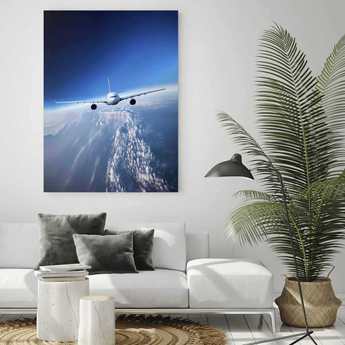 Quadro su vetro - Un aereo che vola sopra le nuvole contro un cielo blu - 70x100cm - Voglia di volare - Decorazione murale moderna per soggiorno e camera da letto ARTTOR