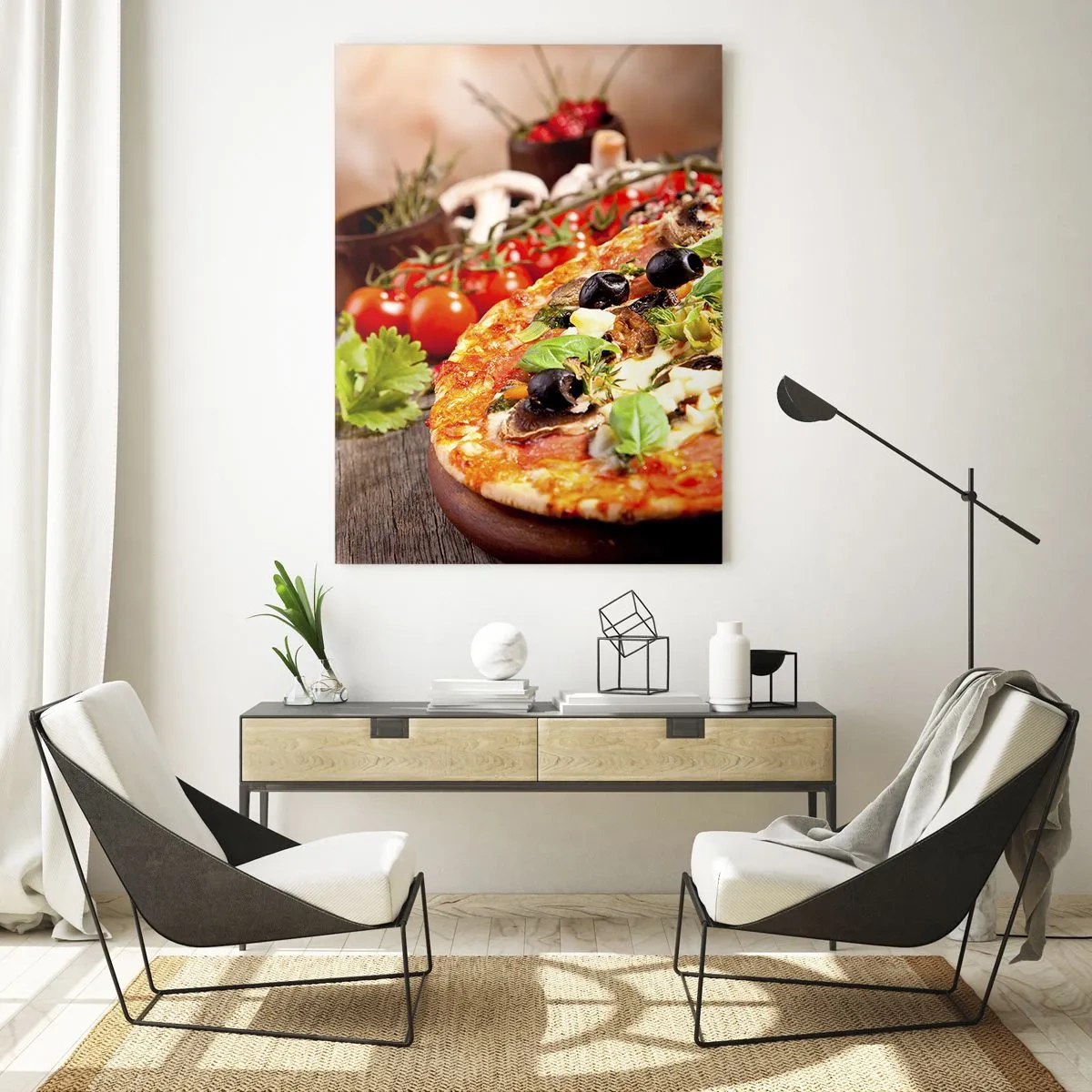 Quadro su vetro - Pizza con olive, funghi ed erbe fresche su un tavolo di legno - 50x70cm - Con ingredienti tellurici - Decorazione murale moderna per soggiorno e camera da letto ARTTOR