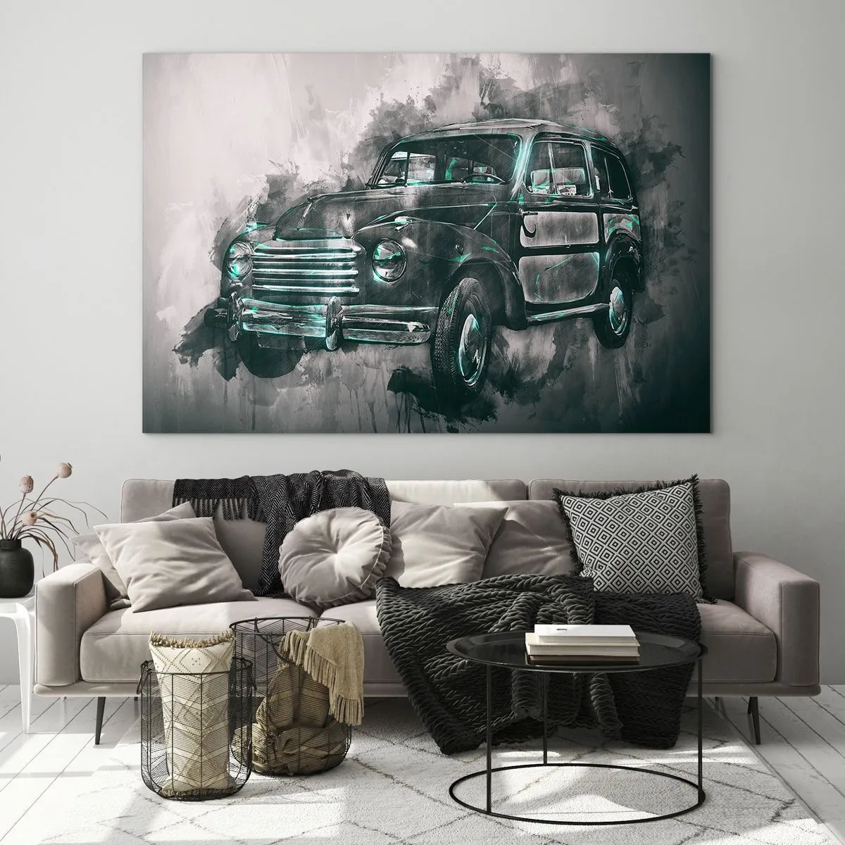 Quadro su vetro - Una vecchia macchina nei toni del grigio e del turchese - 120x80cm - L'onorato antenato - Decorazione murale moderna per soggiorno e camera da letto ARTTOR