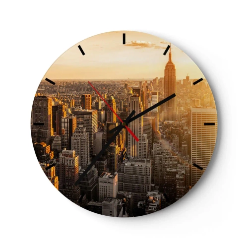 Orologio da parete - Orologio in Vetro - Panorama dei grattacieli di New York al tramonto - 30x30cm - Crescere al sole - Decorazione murale moderna per soggiorno, cucina e camera da letto ARTTOR