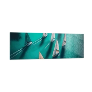 Quadro su vetro - Yacht in movimento dinamico sulle acque turchesi - 160x50cm - In gara con il vento - Decorazione murale moderna per soggiorno e camera da letto ARTTOR