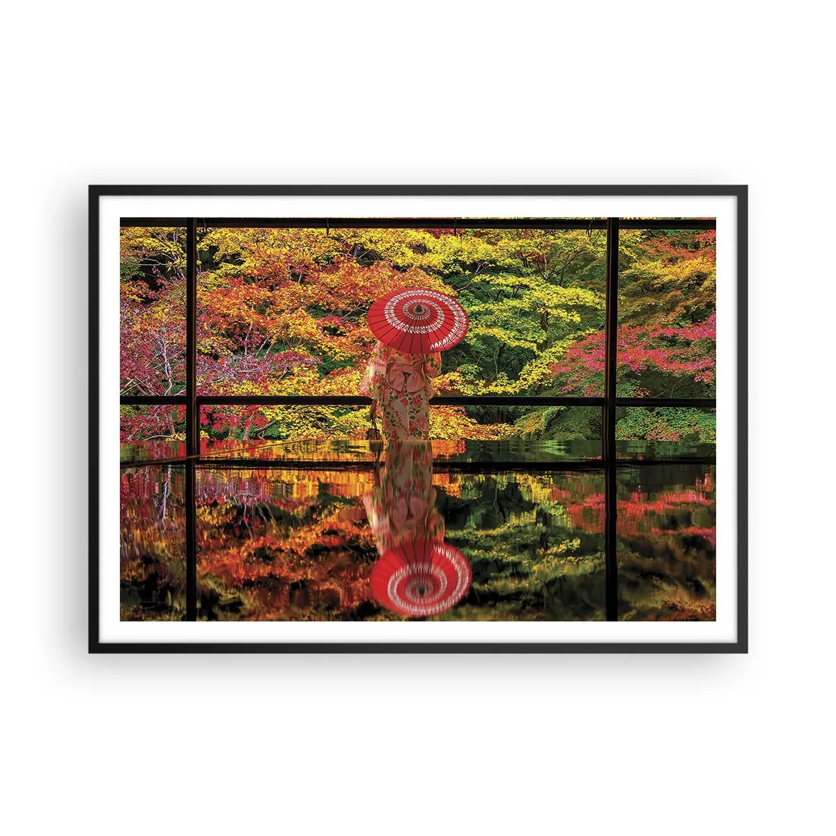 Poster in cornice nera - Una donna in kimono con un ombrello sullo sfondo di un paesaggio autunnale. - 100x70cm - Nel tempio della natura - Decorazione murale moderna per soggiorno e camera da letto ARTTOR