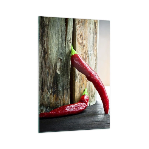 Quadro su vetro - Due peperoncini rossi su uno sfondo di legno con un accento rustico - 70x100cm - Red hot chili peppers - Decorazione murale moderna per soggiorno e camera da letto ARTTOR