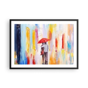 Poster in cornice nera - Una coppia sotto un ombrello rosso con edifici colorati sullo sfondo. - 70x50cm - Che piova ancora - Decorazione murale moderna per soggiorno e camera da letto ARTTOR
