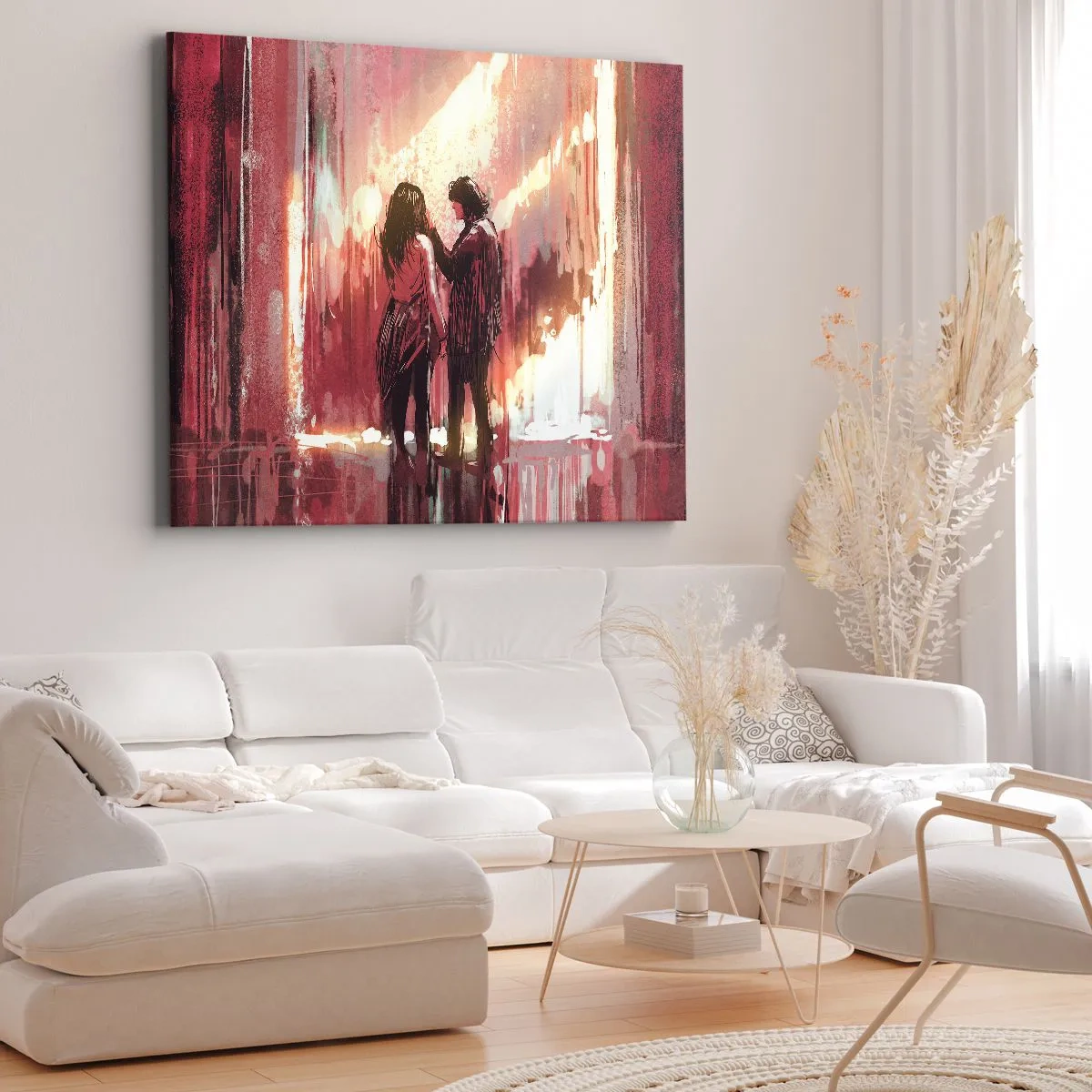 Quadro su tela - Stampe su Tela - Una coppia in piedi, illuminata da una luce calda, su uno sfondo di motivi astratti. - 120x80cm - L'eterno spettacolo dell'amore - Decorazione murale moderna per soggiorno e camera da letto ARTTOR