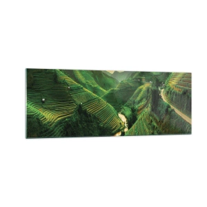 Quadro su vetro - Pittoresche terrazze di riso in una valle verde illuminata dal sole al tramonto - 140x50cm - Valle del Vietnam - Decorazione murale moderna per soggiorno e camera da letto ARTTOR