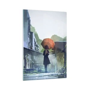 Quadro su vetro - Una figura con un ombrello in una città piovosa - 80x120cm - Pioggia vivificante - Decorazione murale moderna per soggiorno e camera da letto ARTTOR