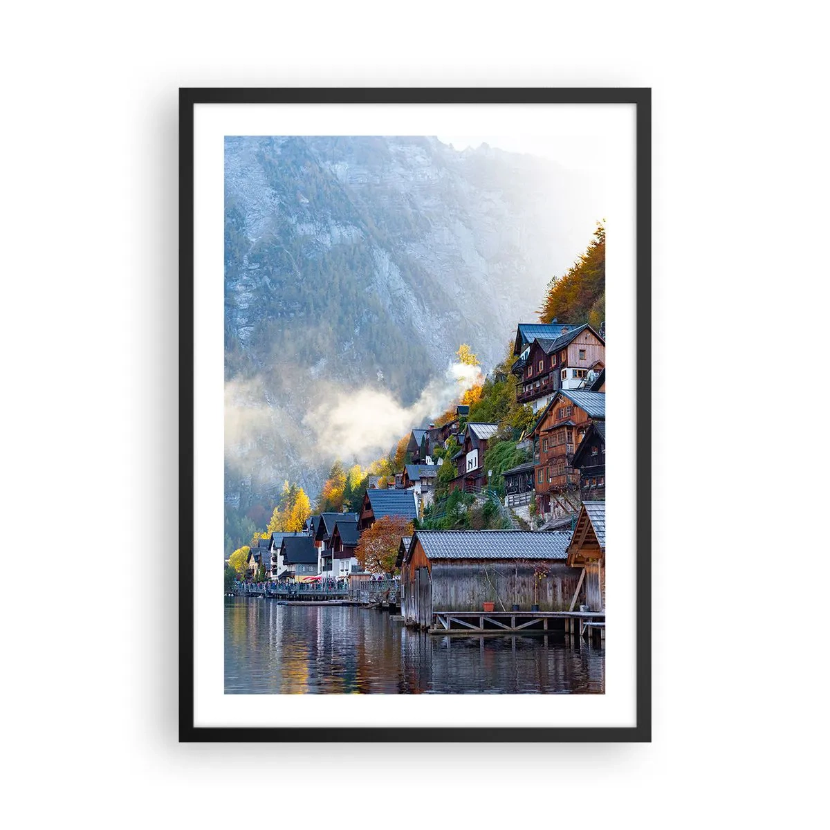 Poster in cornice nera - Una città di montagna vicino a un lago circondata dall'aura autunnale - 50x70cm - Atmosfera alpina - Decorazione murale moderna per soggiorno e camera da letto ARTTOR