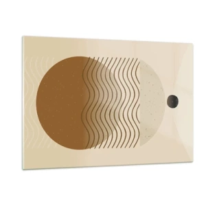 Quadro su vetro - Composizione geometrica con onde e cerchi nei colori beige - 120x80cm - Sull'origine delle figure geometriche - Decorazione murale moderna per soggiorno e camera da letto ARTTOR