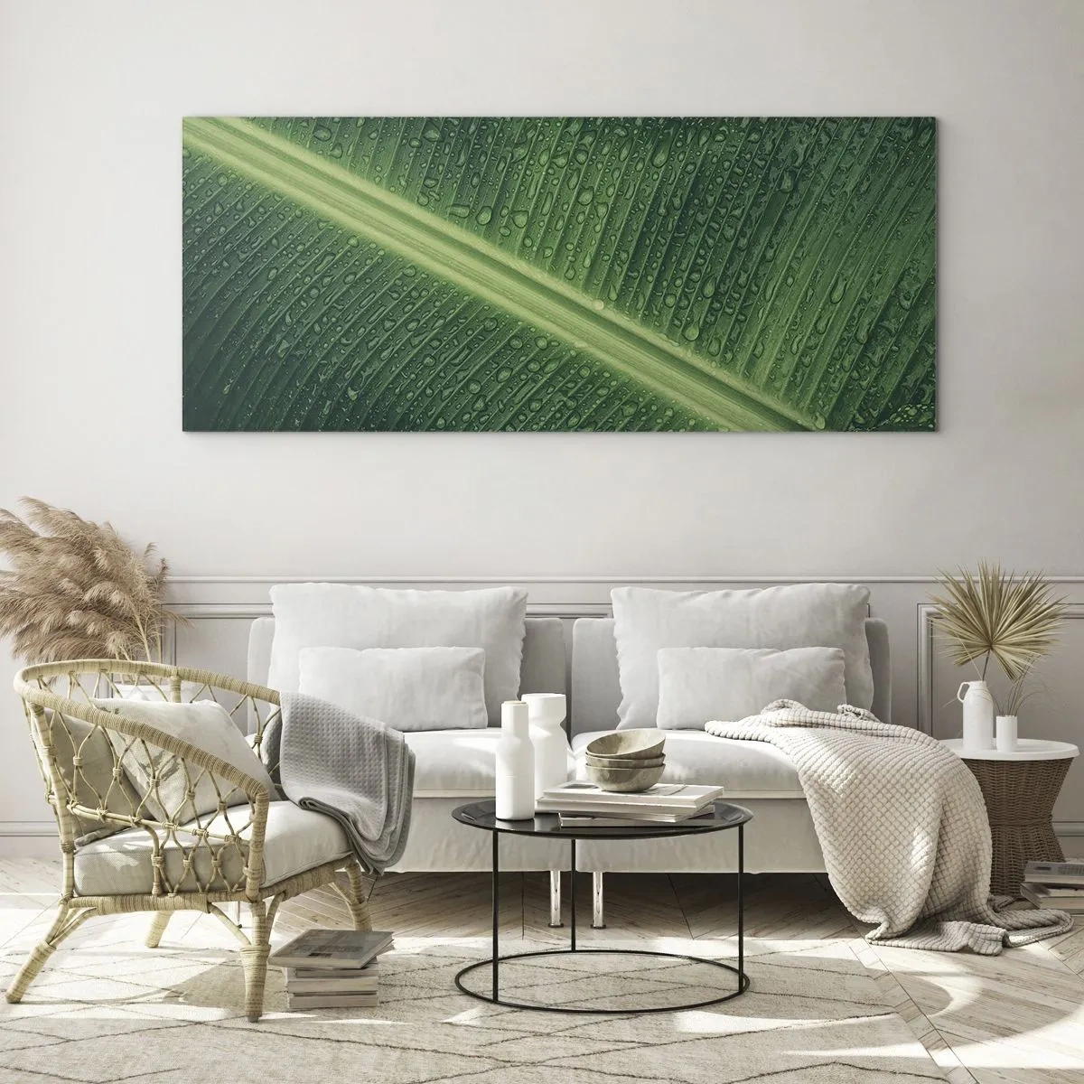 Quadro su vetro - Una foglia verde con gocce d'acqua sulla sua superficie - 140x50cm - La struttura del verde - Decorazione murale moderna per soggiorno e camera da letto ARTTOR