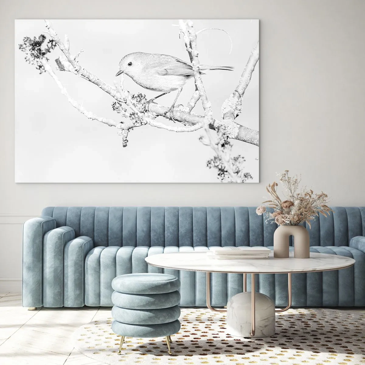 Quadro su vetro - Un uccello appollaiato su un ramo in una scena invernale monocromatica. - 70x50cm - Mattino invernale - Decorazione murale moderna per soggiorno e camera da letto ARTTOR