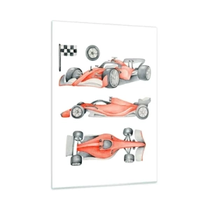 Quadro su vetro - Illustrazione a tre scatti di un'auto da corsa rossa con una bandiera da corsa - 50x70cm - Inseguendo i sogni - Decorazione murale moderna per soggiorno e camera da letto ARTTOR