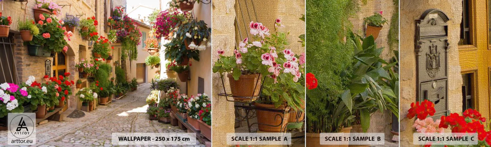 Campione di Fotomurale Premium Canvas - Un'esplosione di fiori - Città, Italia, Belle strade - 100x30 cm