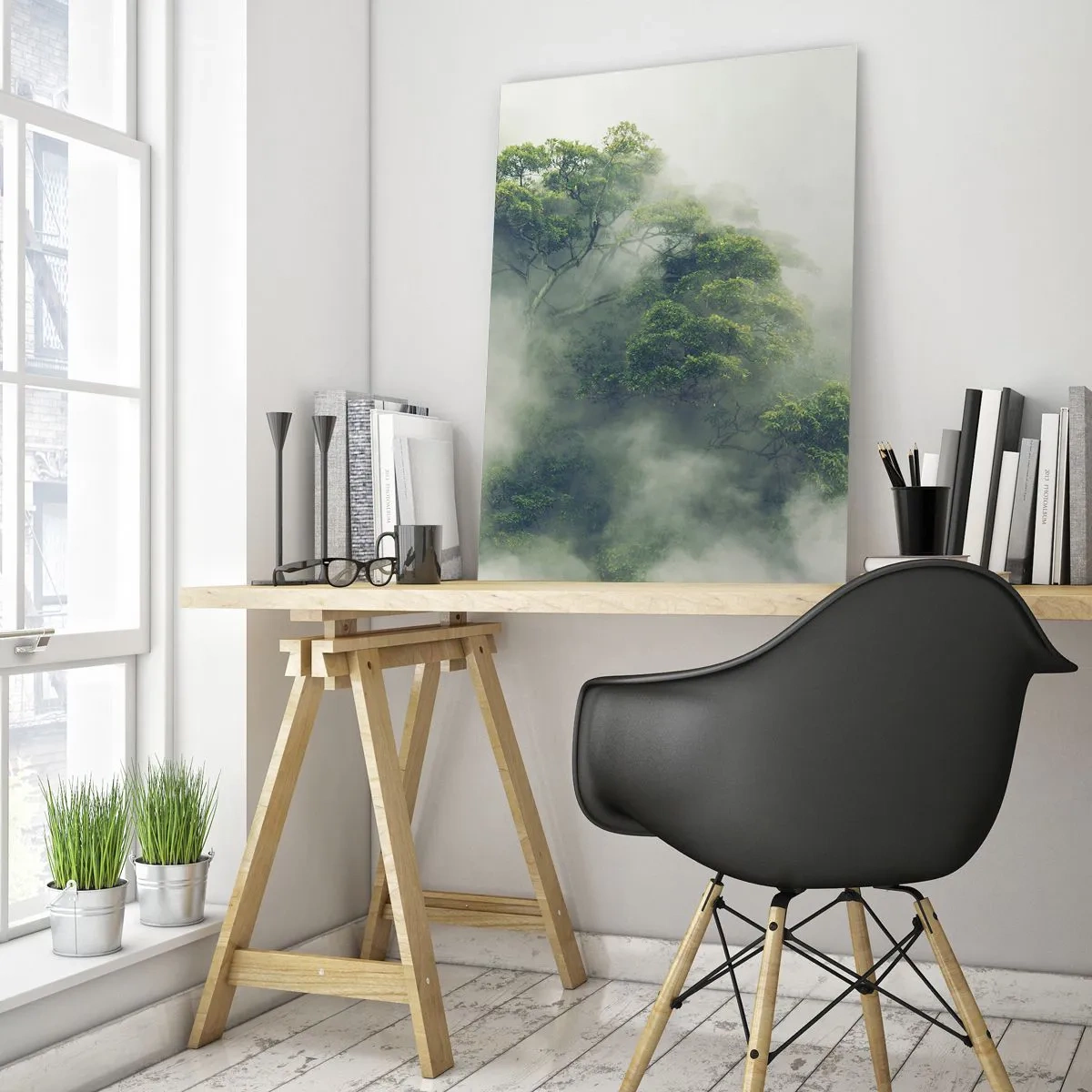 Quadro su vetro - Alberi della foresta tropicale che emergono dalla fitta nebbia - 50x70cm - Avvolti dalla nebbia - Decorazione murale moderna per soggiorno e camera da letto ARTTOR
