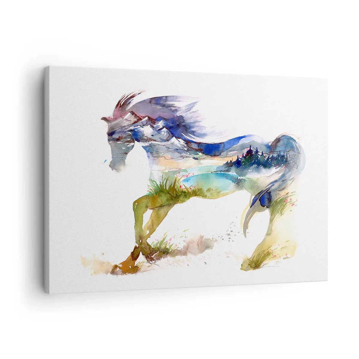 Quadro su tela - Stampe su Tela - Acquerello di un cavallo con un paesaggio montano in silhouette - 70x50cm - Direttamente dal prato al cielo - Decorazione murale moderna per soggiorno e camera da letto ARTTOR