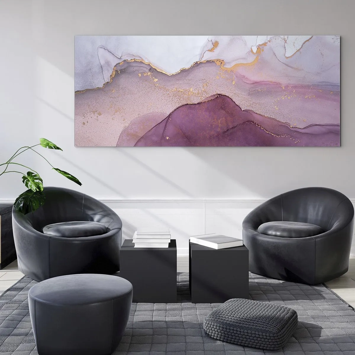 Quadro su vetro - Una composizione astratta nei toni del viola e dell'oro. - 140x50cm - Onde di lilla e viola - Decorazione murale moderna per soggiorno e camera da letto ARTTOR