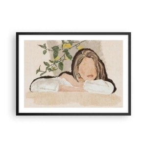 Poster in cornice nera - La figura di una donna sullo sfondo di un albero di limone - 70x50cm - Bellezza del sud - Decorazione murale moderna per soggiorno e camera da letto ARTTOR