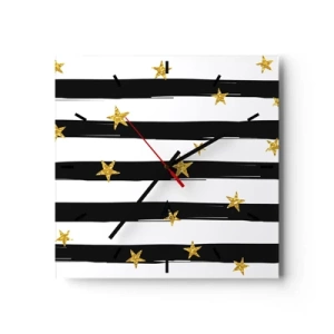 Orologio da parete - Orologio in Vetro - Strisce bianche e nere con stelle dorate - 30x30cm - Siamo tutti nati sotto una buona stella - Decorazione murale moderna per soggiorno e camera da letto ARTTOR
